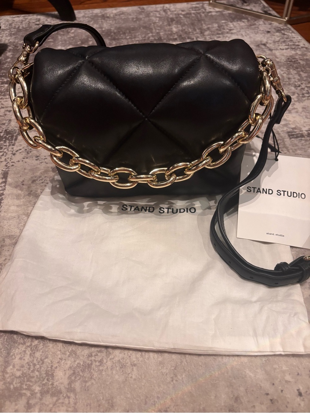 Stand Studio Quilted Leather Shoulder Bag in Black with Gold Chain new
